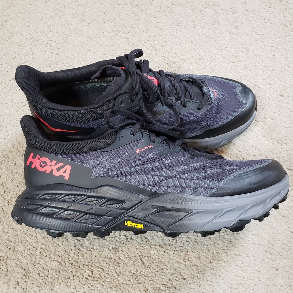 Hoka One One Womens Speedgoat 5 GTX Spikes 10 B Black Red Hiking Running Trail